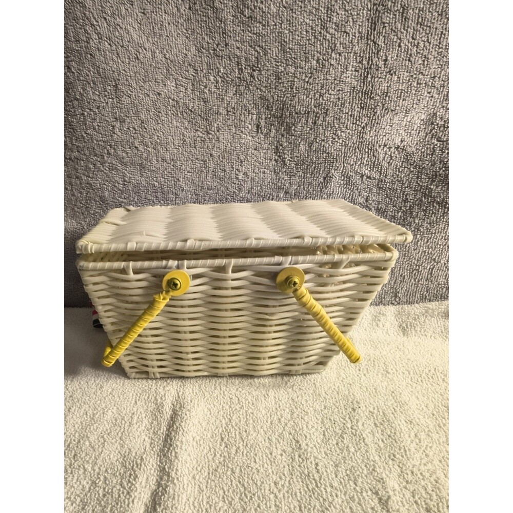 Vintage 1960s Woven Plastic Wicker Basket Purse Yellow Handles Grosgrain Bow Vtg